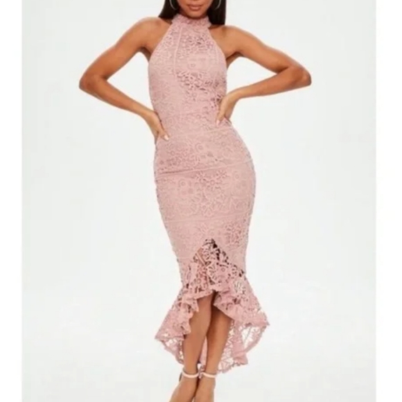 Missguided Dresses & Skirts - Missguided Pink lace high neck fishtail midi dress Size 6. Worn once. Like New